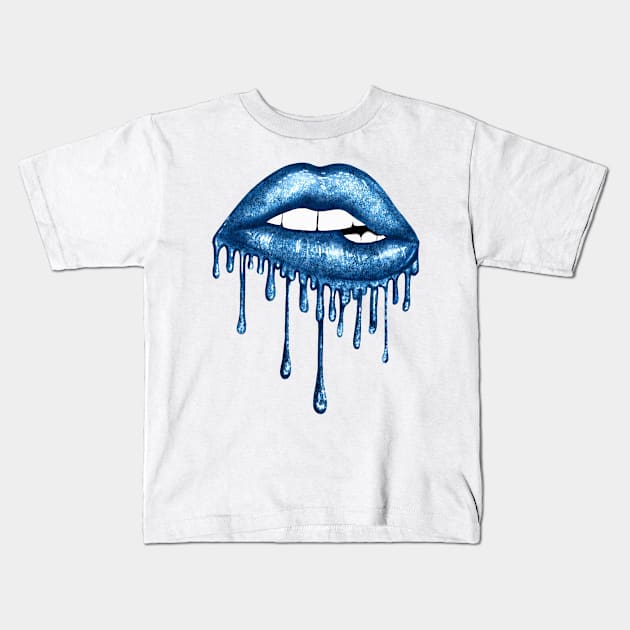 Dripping Blue Lips Kids T-Shirt by Chromatic Fusion Studio